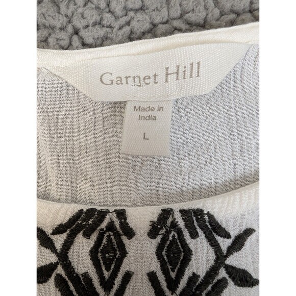 Garnet Hill Womens Size Large Blouse White Geometric 3/4 Sleeve Embroidered - Picture 2 of 8